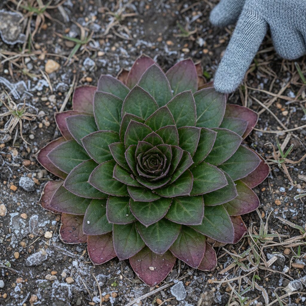 ムラサキハナナ 葉3 冬の寒さに耐えるために地面に低く広がったムラサキハナナのロゼット状の根生葉