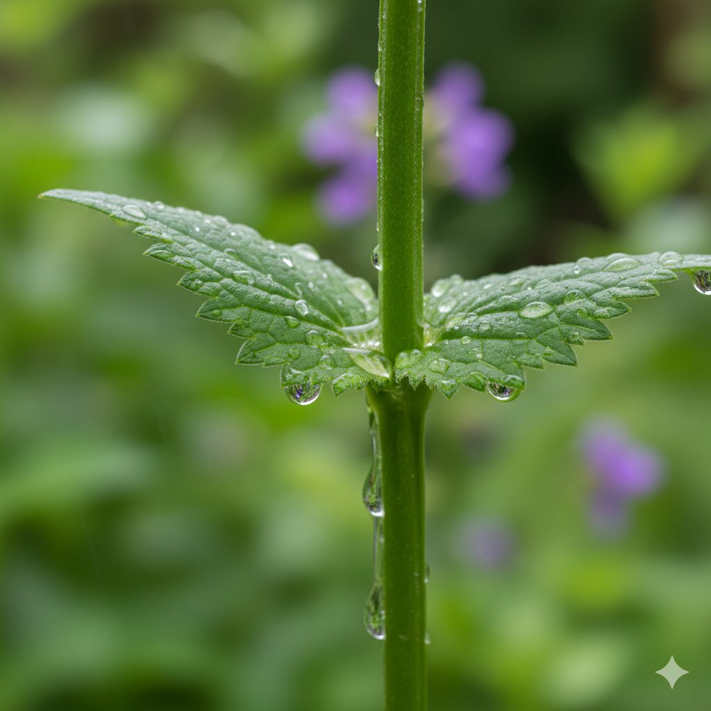 ムラサキハナナ 葉4 茎を抱き込むように生えるムラサキハナナ独特の抱茎葉(ほうけいよう)のアップ
