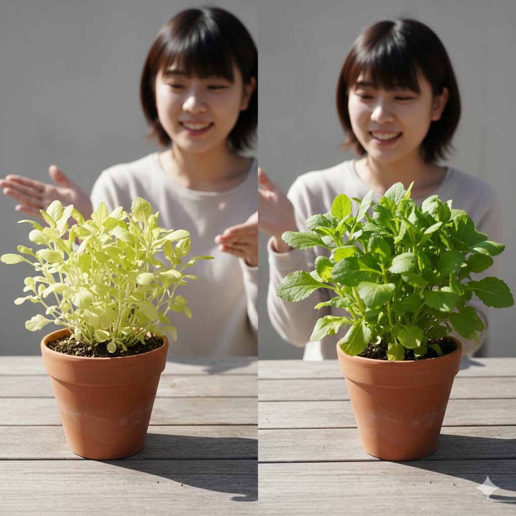 ムラサキハナナ 葉5 日照不足により色が薄く黄色く変色したムラサキハナナの葉と健康な葉の比較