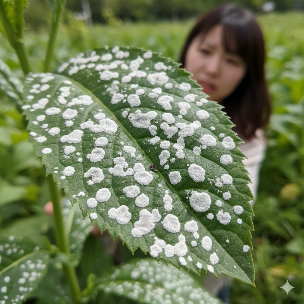 ムラサキハナナ 葉6 ムラサキハナナの葉の表面に発生した白い粉状のうどんこ病の症状