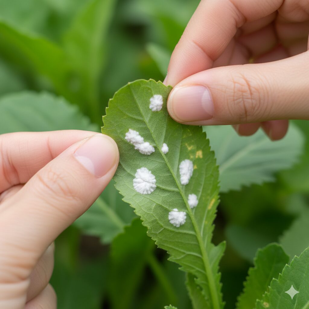 ムラサキハナナ 葉7 ムラサキハナナの葉の裏側にできた白さび病の白い盛り上がりと胞子