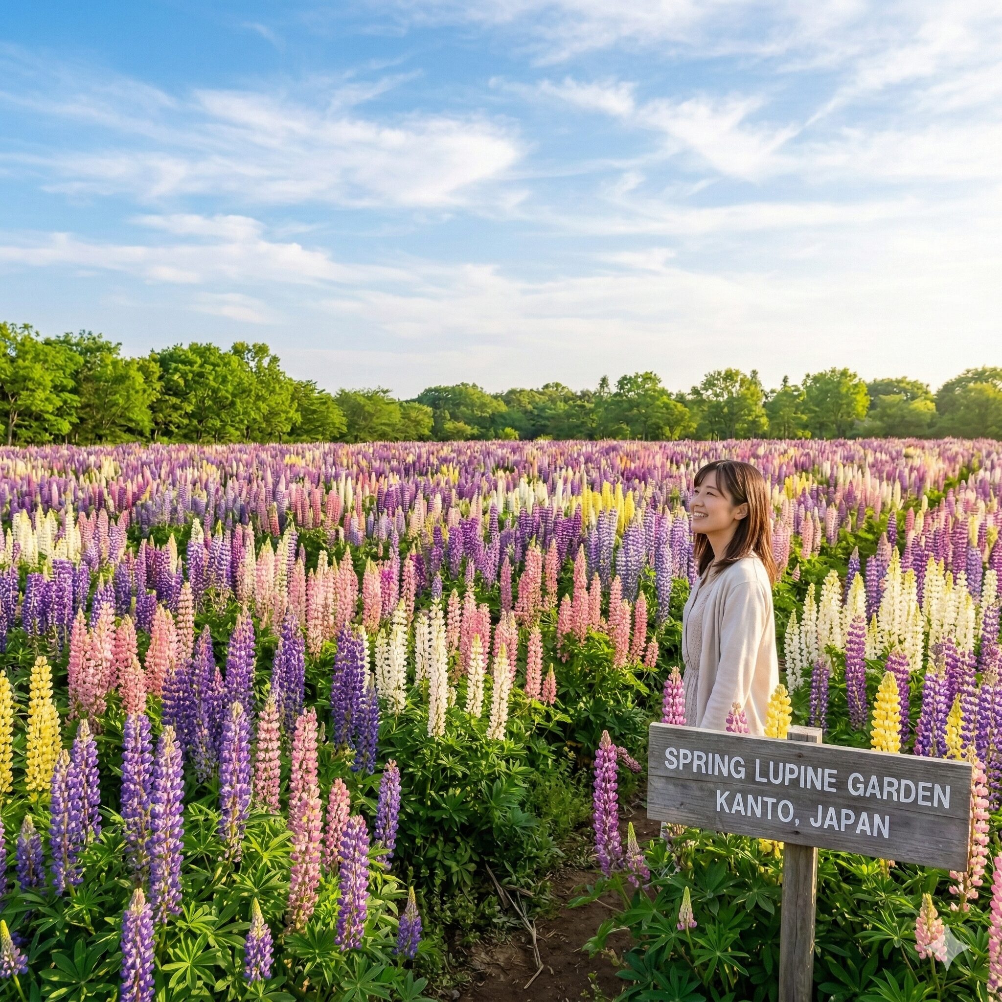 ルピナス 名所 関東1　関東エリアで春に見頃を迎える、色とりどりのルピナスが咲き誇る広大な花畑の風景