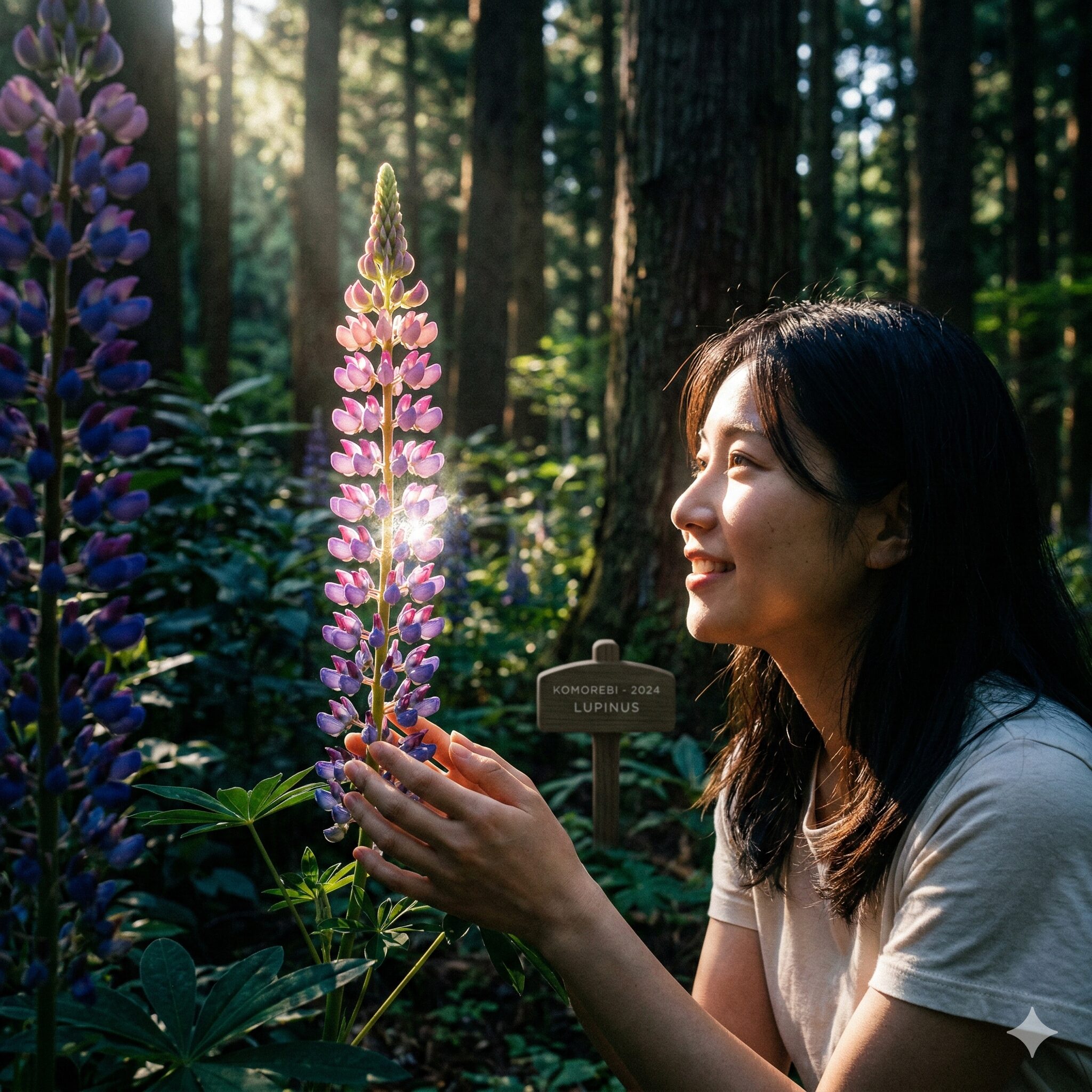 ルピナス 名所 関東3 武蔵丘陵森林公園の「こもれび花畑」で、木漏れ日に照らされ光り輝くルピナスの花穂のアップ