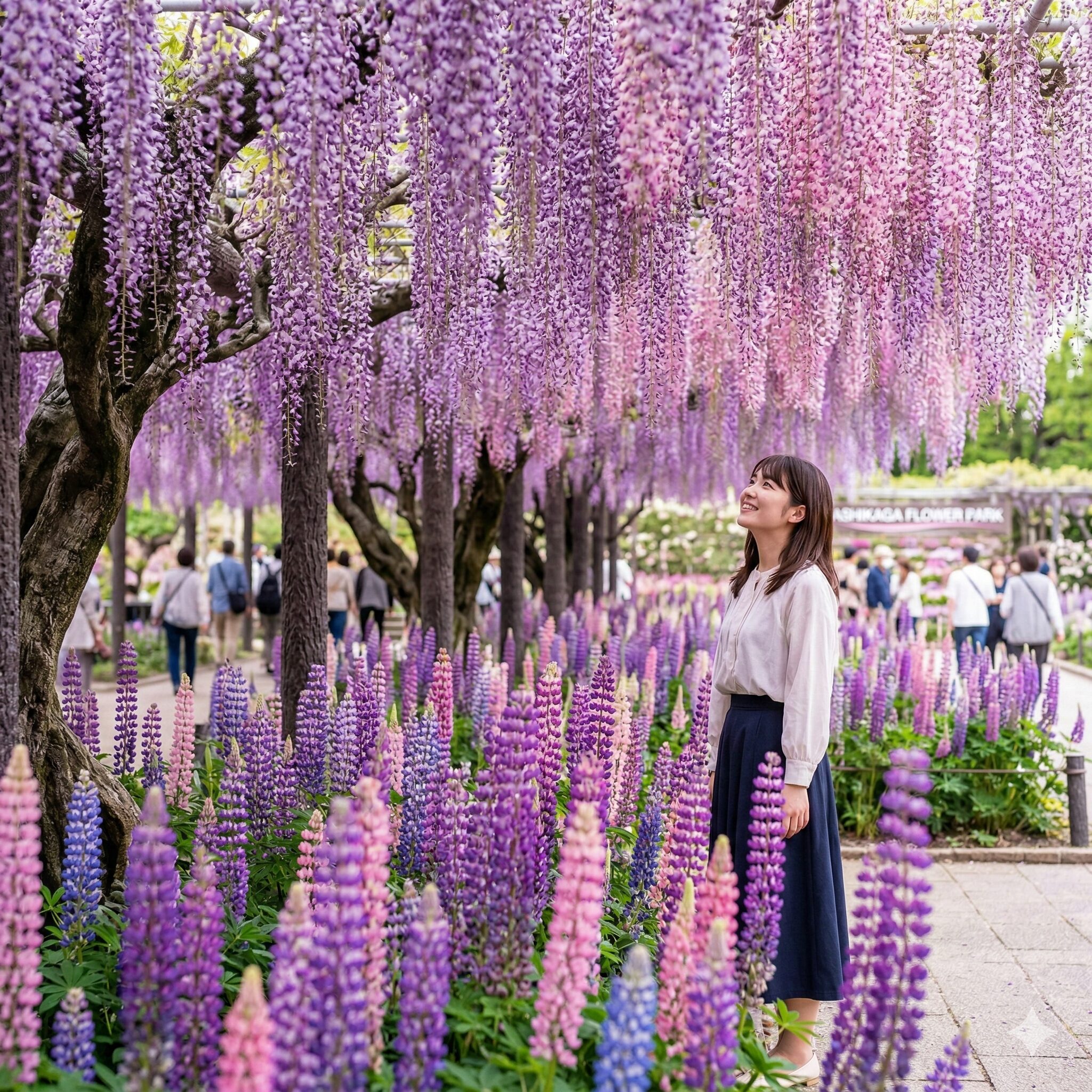 ルピナス 名所 関東4 栃木県足利市のあしかがフラワーパークで、頭上の藤と地面のルピナスが競演する垂直の絶景