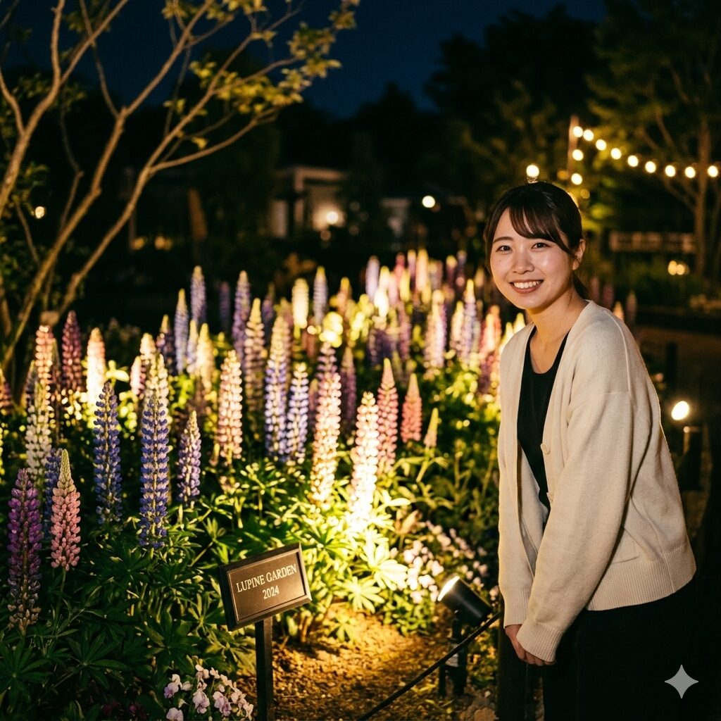 ルピナス 名所 関東5 あしかがフラワーパークの夜間開園で、ライトアップされ幻想的に輝くルピナスの風景