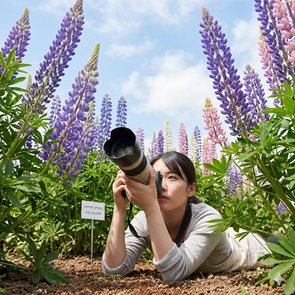 ルピナス 名所 関東9 ルピナスの名所である関東の公園で、ローアングルからダイナミックな写真を撮影するテクニック