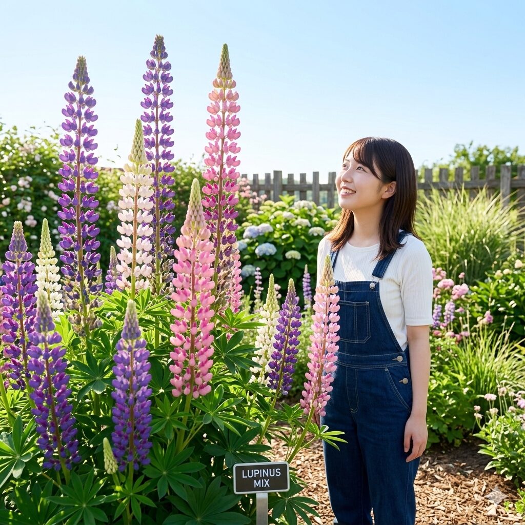 ルピナス 夏越し1　青空に向かって豪華に咲き誇る色鮮やかなルピナスの花穂