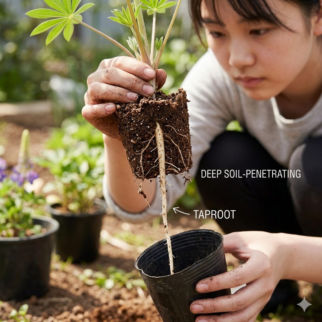 ルピナス 夏越し3　ルピナスの特徴である太くてデリケートな直根性の根の構造