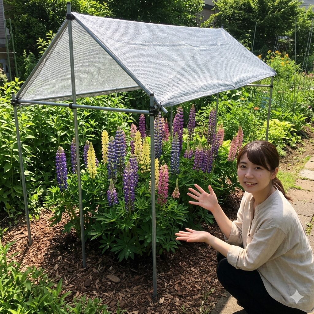 ルピナス 夏越し5　夏の強光を遮るために設置された遮光率50%のシルバーネットとルピナス