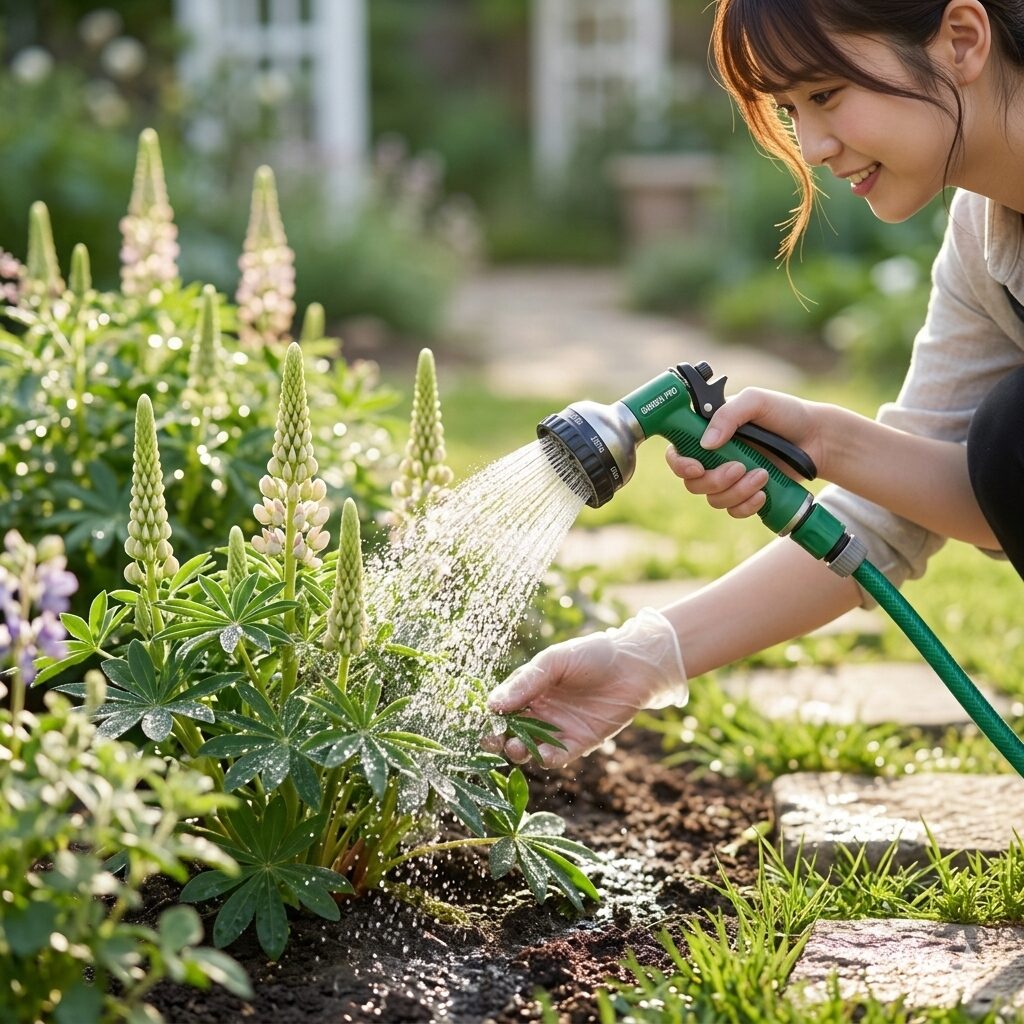 ルピナス 夏越し6　地温の上昇を抑えるために早朝に行うルピナスへの正しい水やり