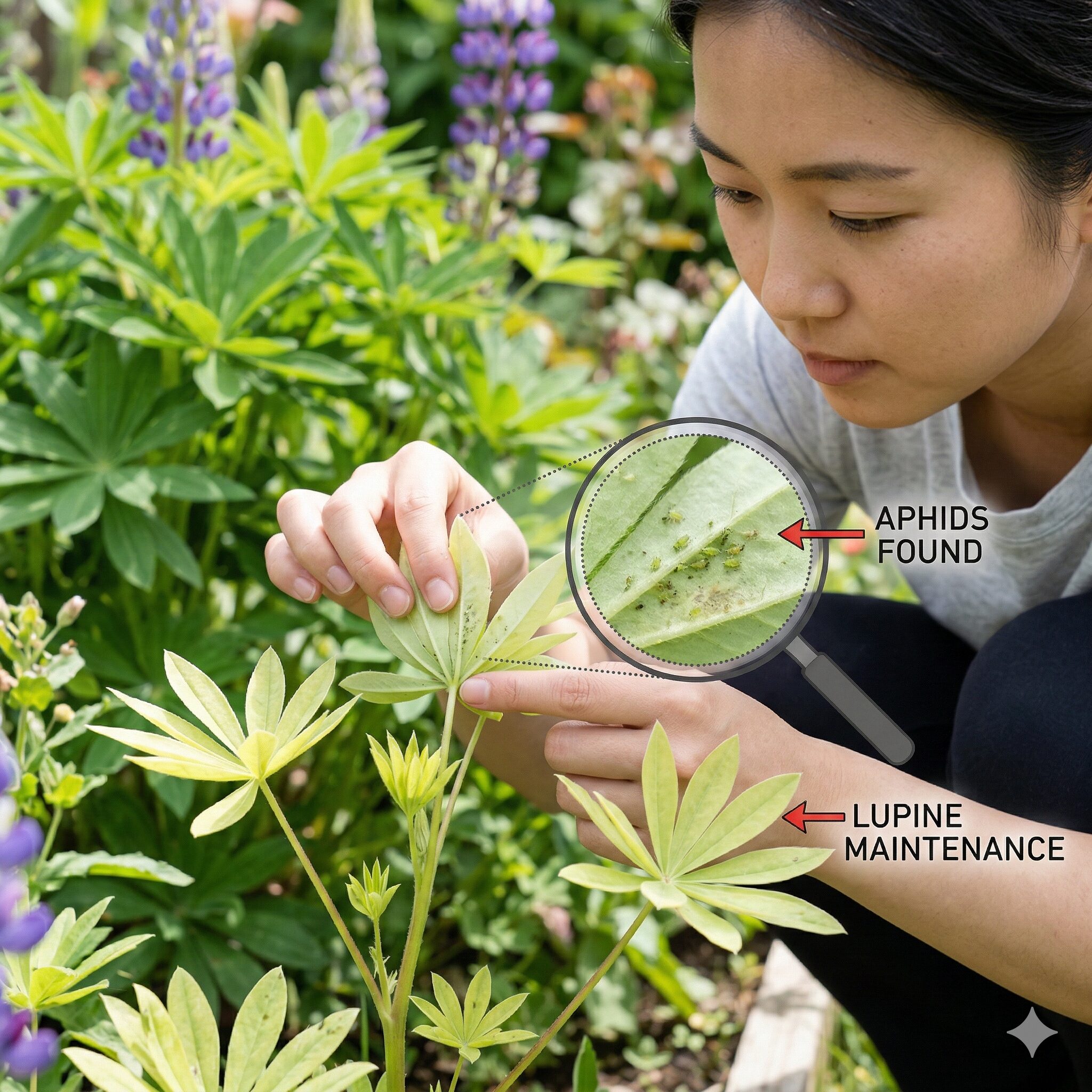 ルピナス 夏越し9　ルピナスの健康を守るためにアブラムシの発生をチェックする日常点検