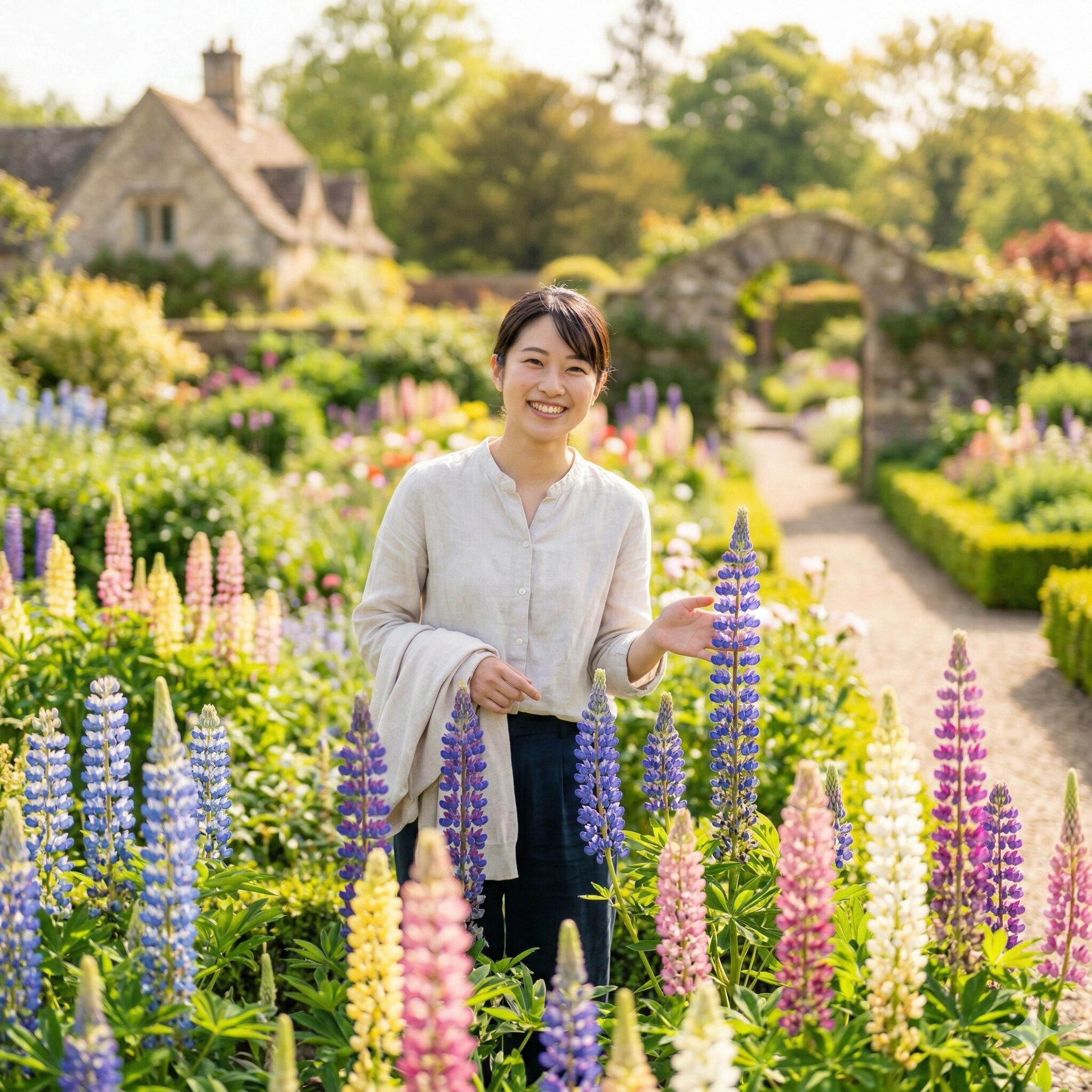 ルピナス 枯れる原因1　庭に美しく咲き誇る色とりどりのルピナスの花穂とガーデニング風景