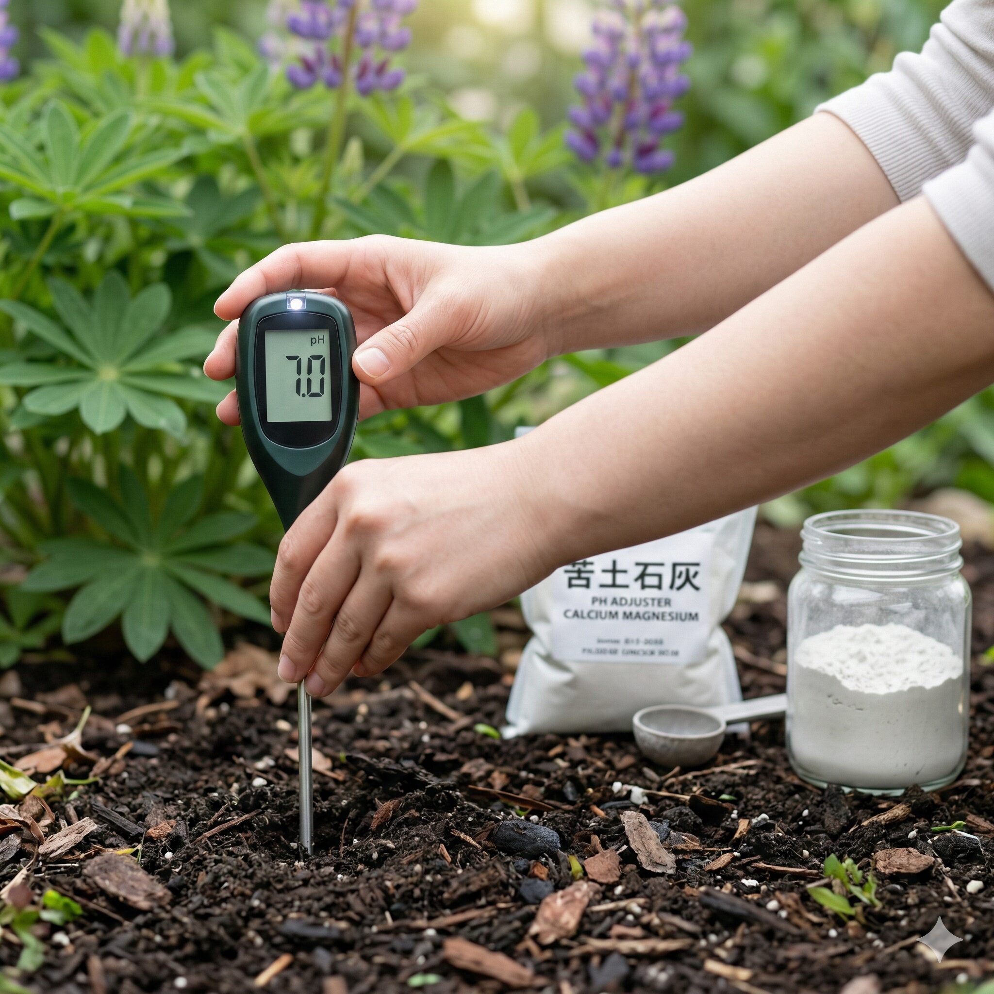 ルピナス 枯れる原因3 ルピナスの栽培に適した中性土壌をpH測定器で確認する様子