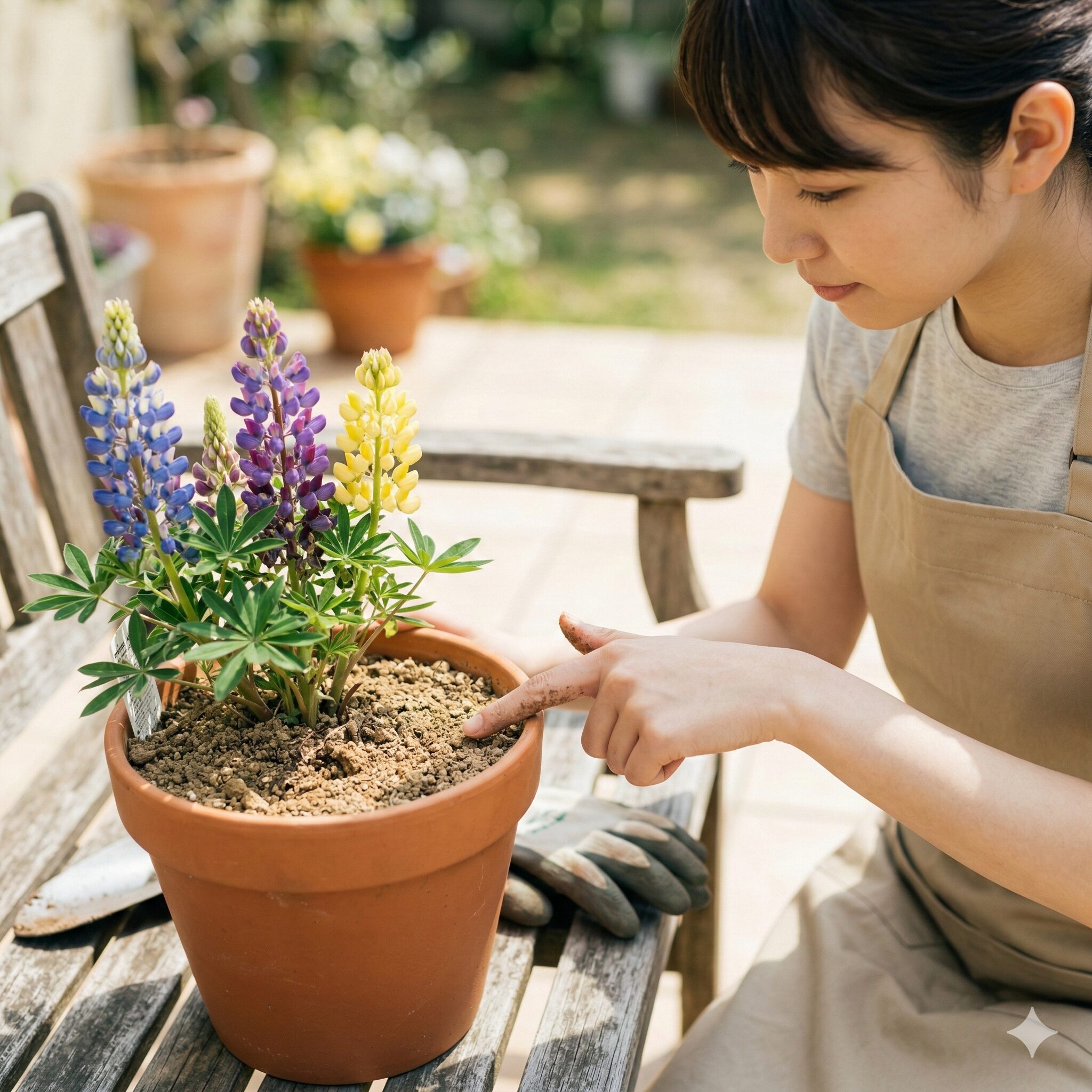 ルピナス 枯れる原因4 ルピナスの水やりタイミングを土の乾き具合で確認する手元