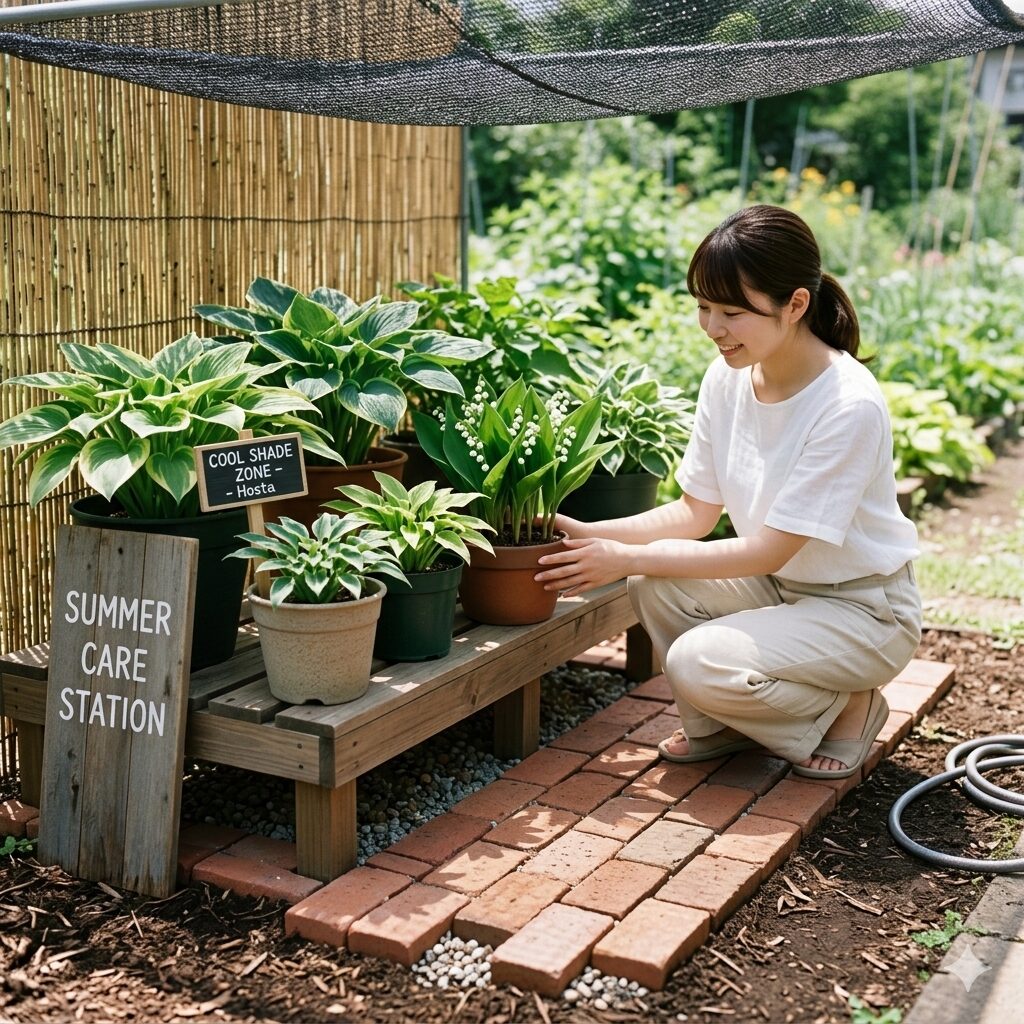 ルピナス 枯れる原因7 夏の暑さからルピナスを守るために日陰のスタンドに避難させた鉢植え