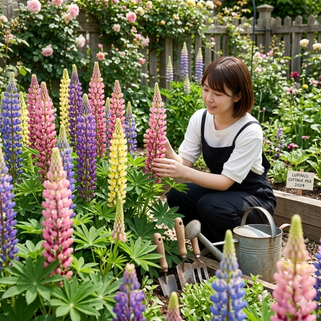 ルピナス種取り1　庭に美しく咲き誇る色とりどりのルピナスの花穂とガーデニング風景