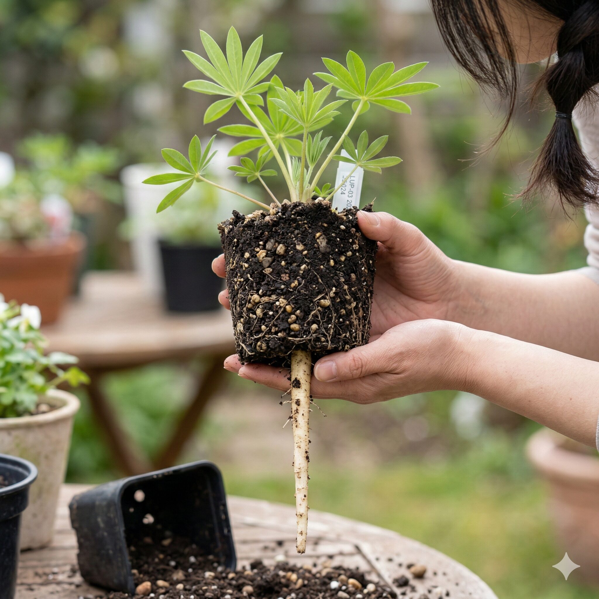 ルピナス種取り10 直根性の根を傷つけないよう根鉢を崩さずにポットから抜いたルピナスの苗