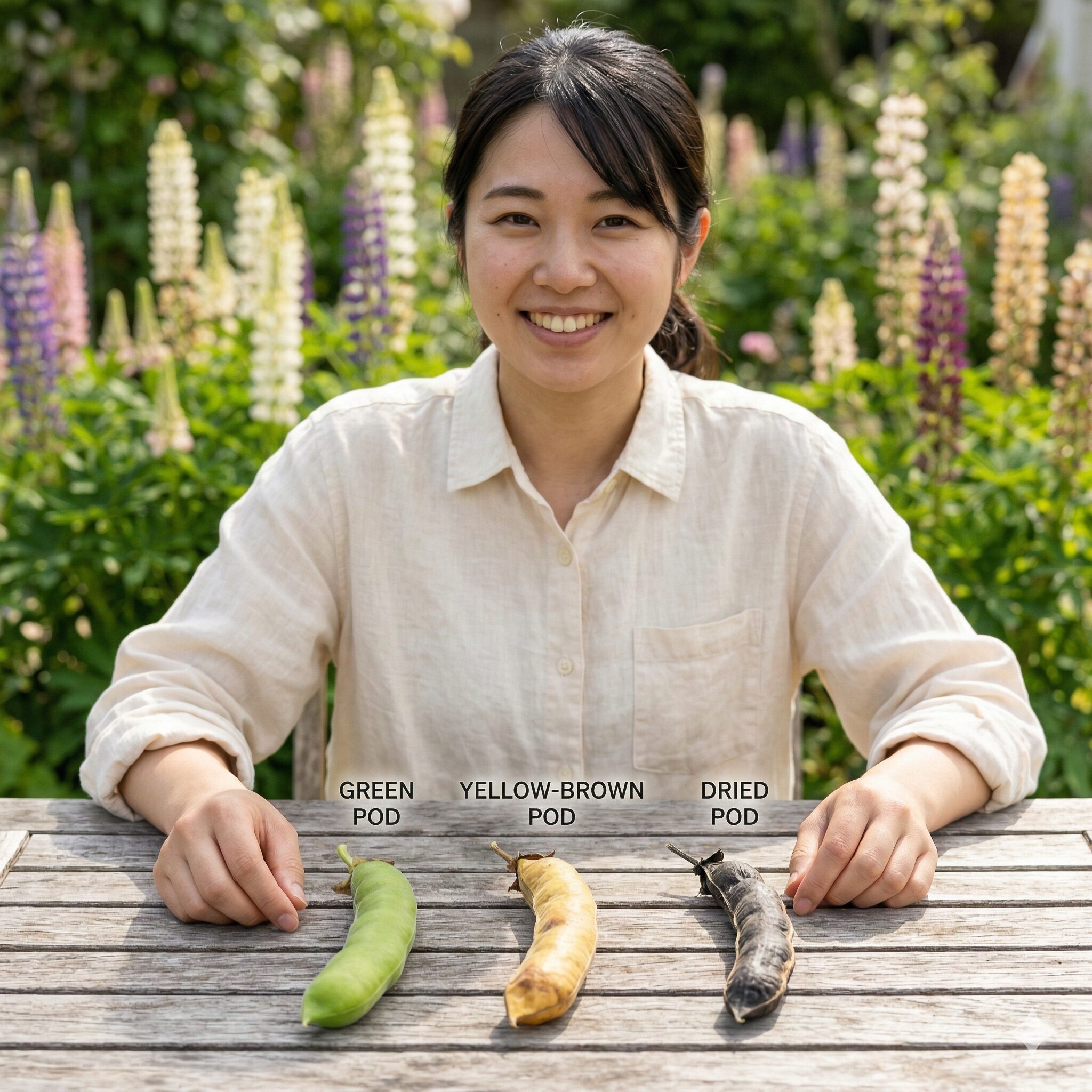 ルピナス種取り2 ルピナスのさやの成熟段階(緑色から完全乾燥した黒褐色まで)の比較