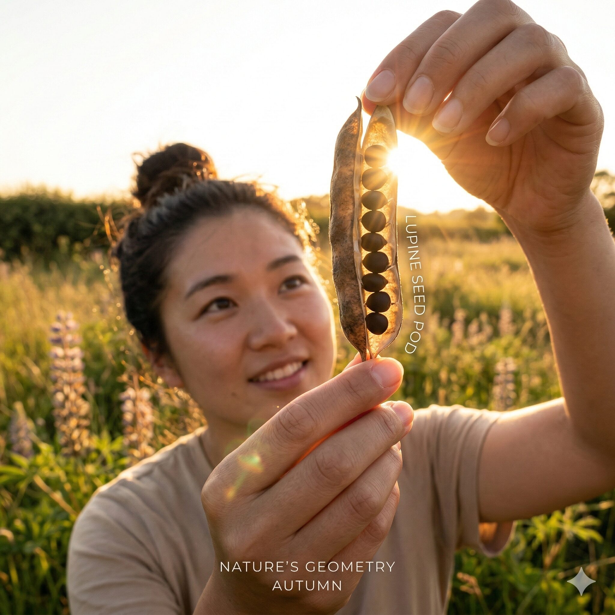 ルピナス種取り3 収穫時期を確認するために太陽光に透かしたルピナスのさやと種子の影