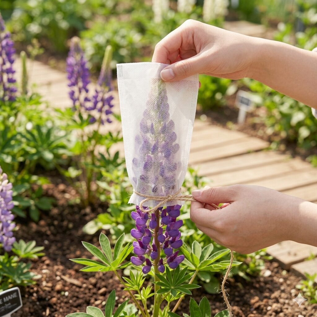 ルピナス種取り4 種子の飛散を防ぐためにお茶パックを被せたルピナスの花穂の様子