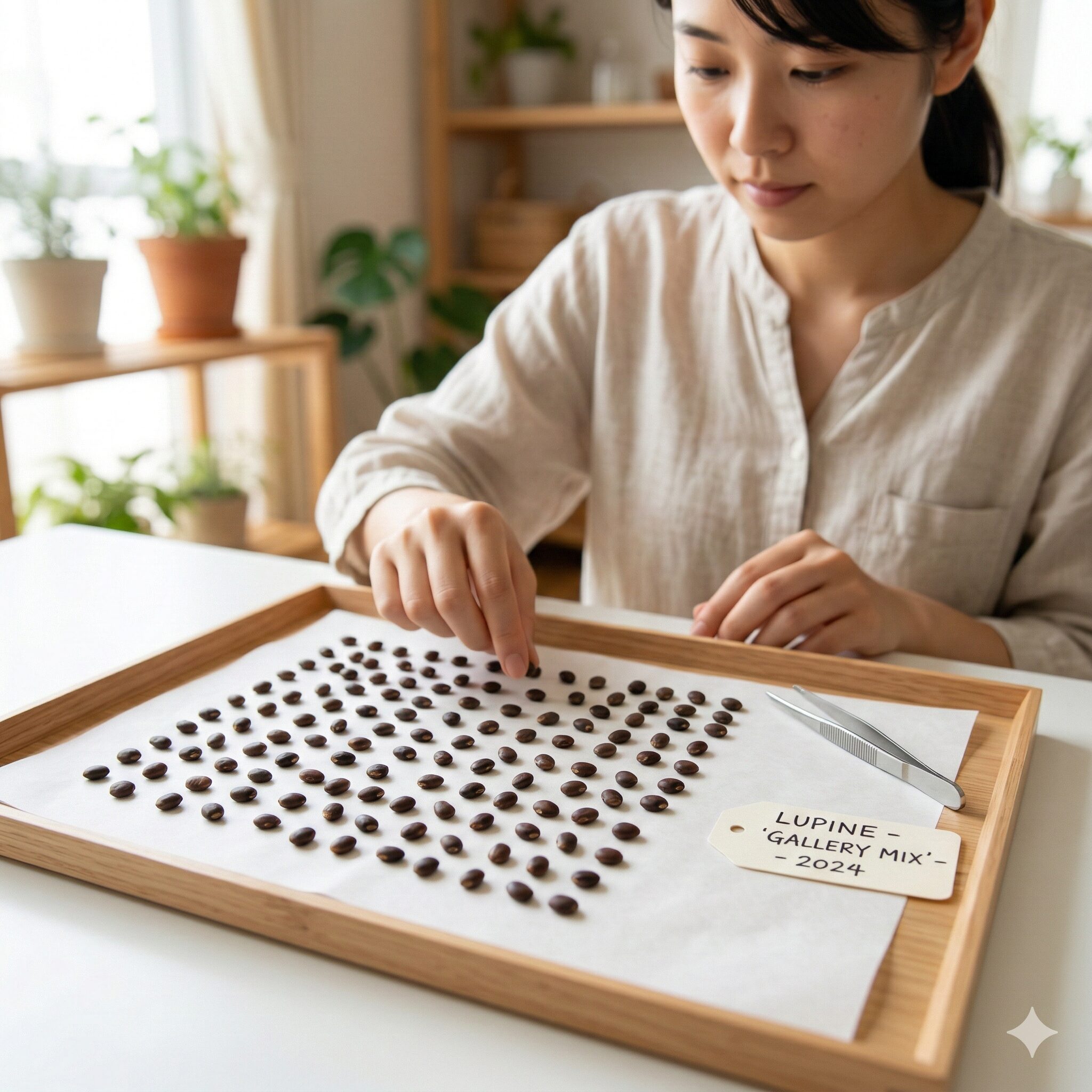 ルピナス種取り6 室内でトレイに広げられ日陰乾燥されているルピナスの種子