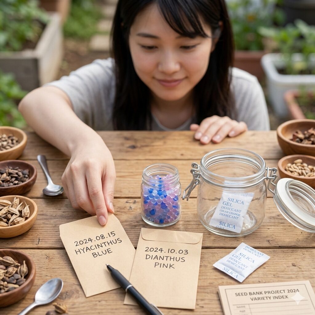 ルピナス種取り7 日付と花の色を記載した茶封筒とシリカゲルなどの種保存セット