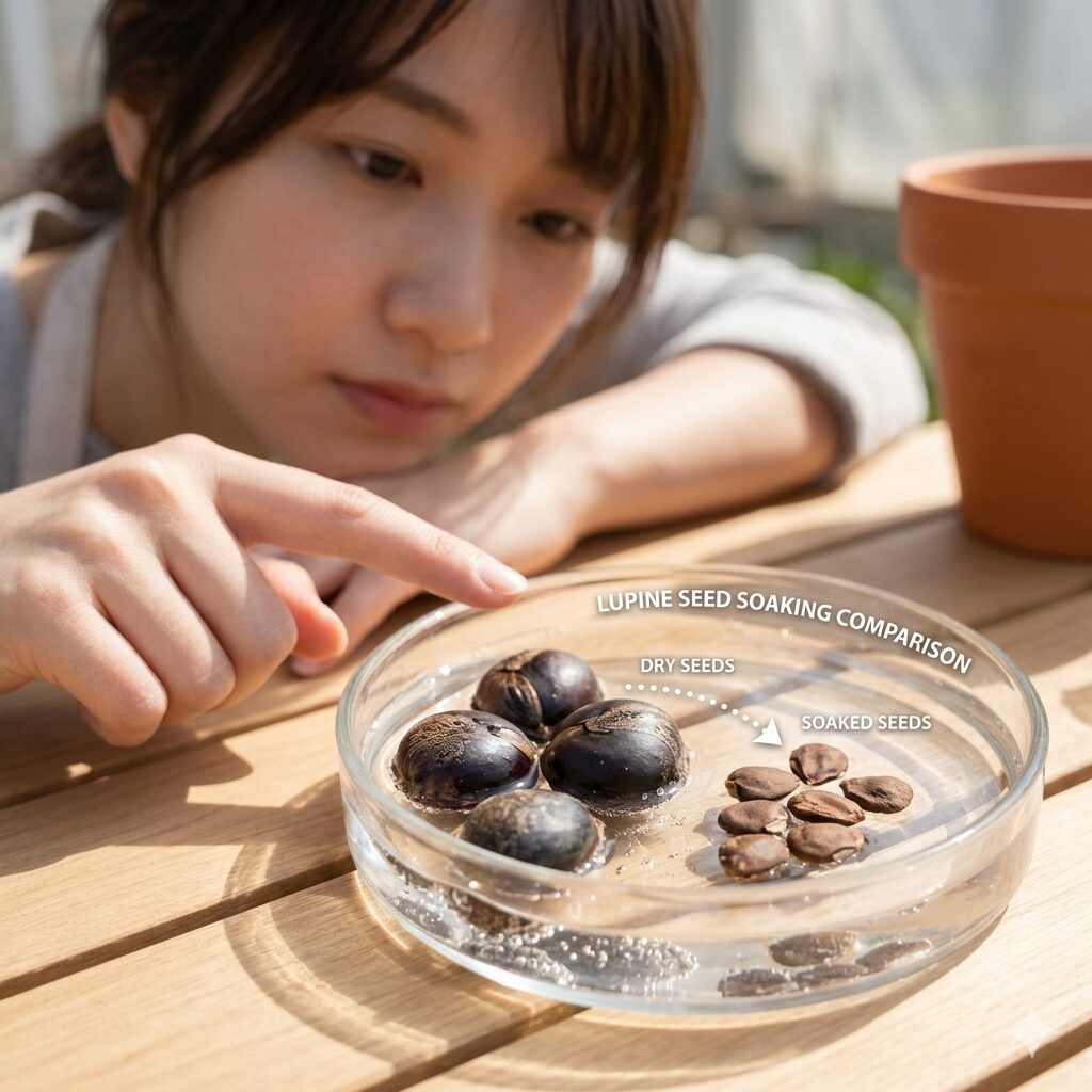 ルピナス種取り8 播種前に一晩水に浸けてぷっくりと膨らんだルピナスの種