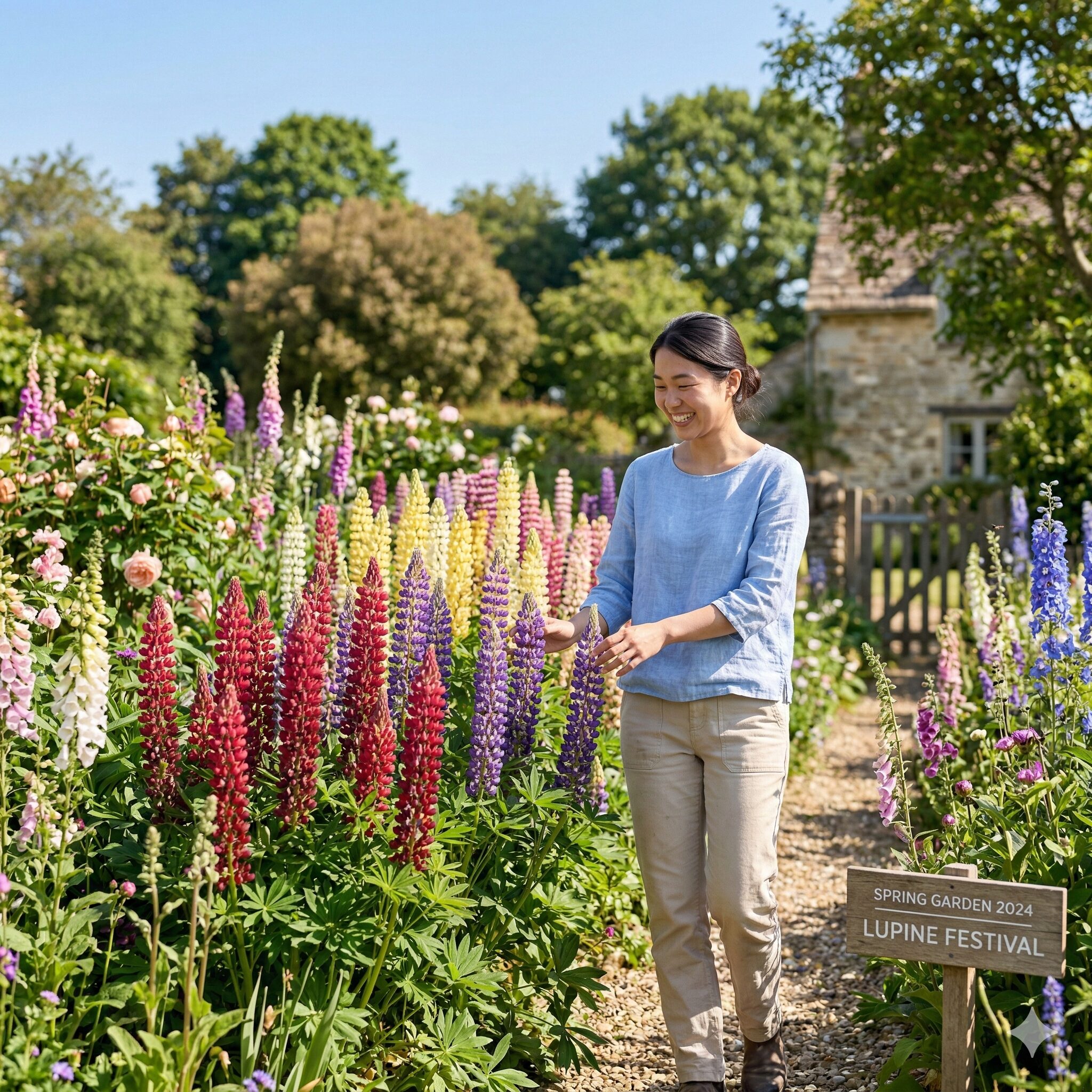 ルピナス開花時期1　青空の下で鮮やかに咲き誇る多色使いのルピナスの花畑