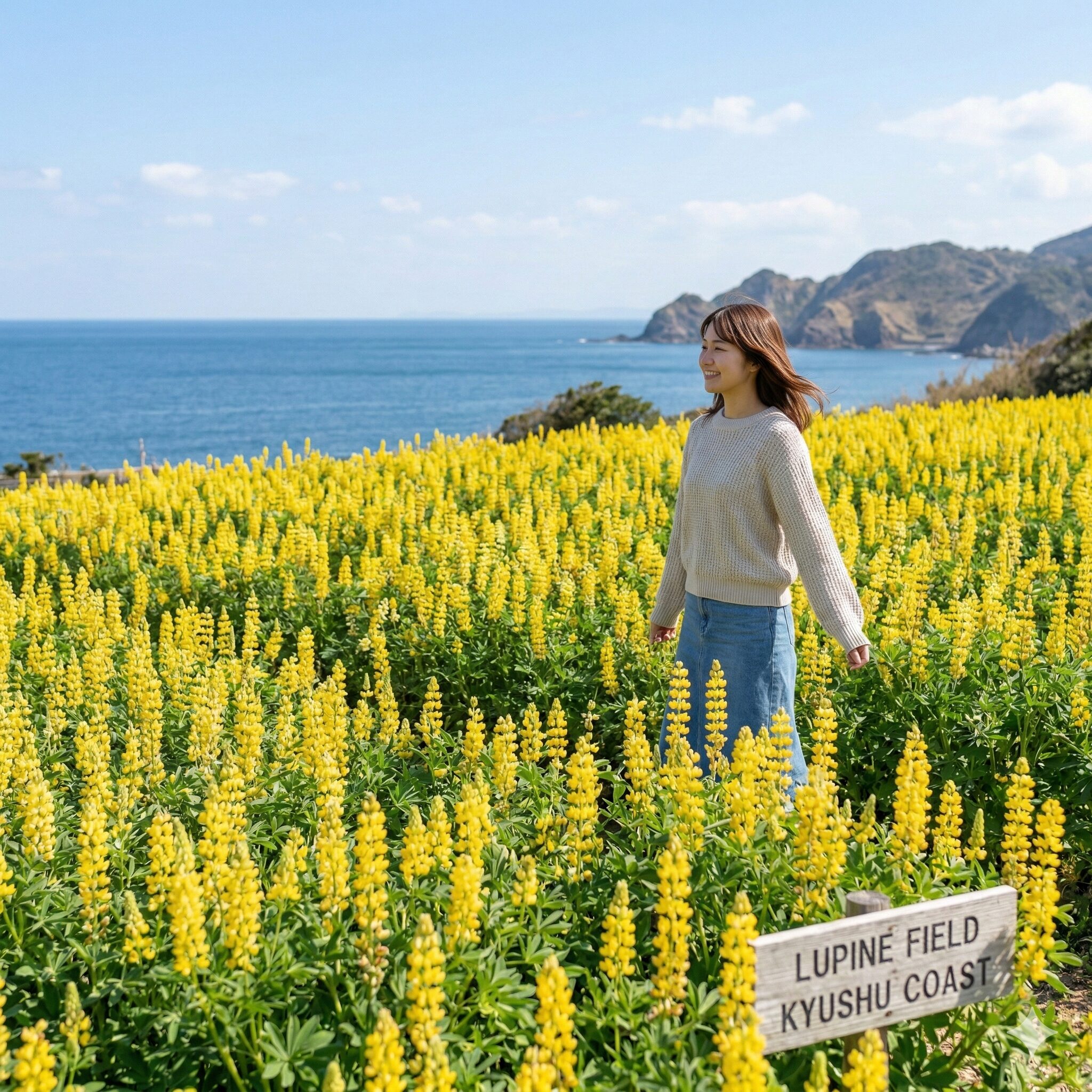 ルピナス開花時期2 九州の海辺で3月に見頃を迎えた黄色いキバナルピナスの絨毯