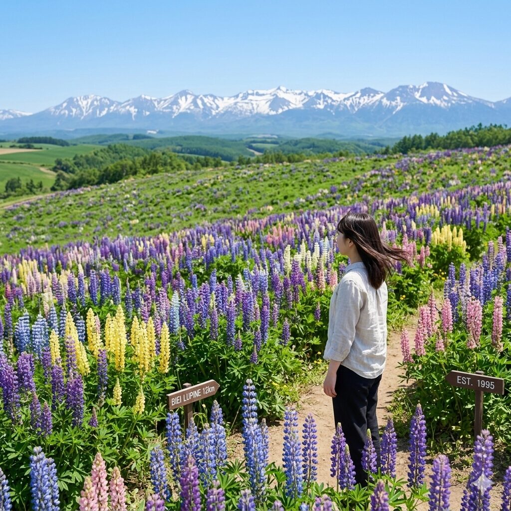 ルピナス開花時期4 初夏の北海道美瑛町で残雪の山脈を背景に咲く壮大なルピナスの丘