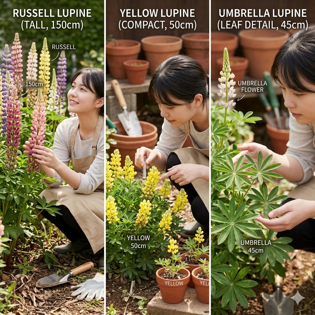 ルピナス開花時期5 草丈や花色が異なるルピナスの代表的な品種(ラッセル・キバナ・カサバ)の比較