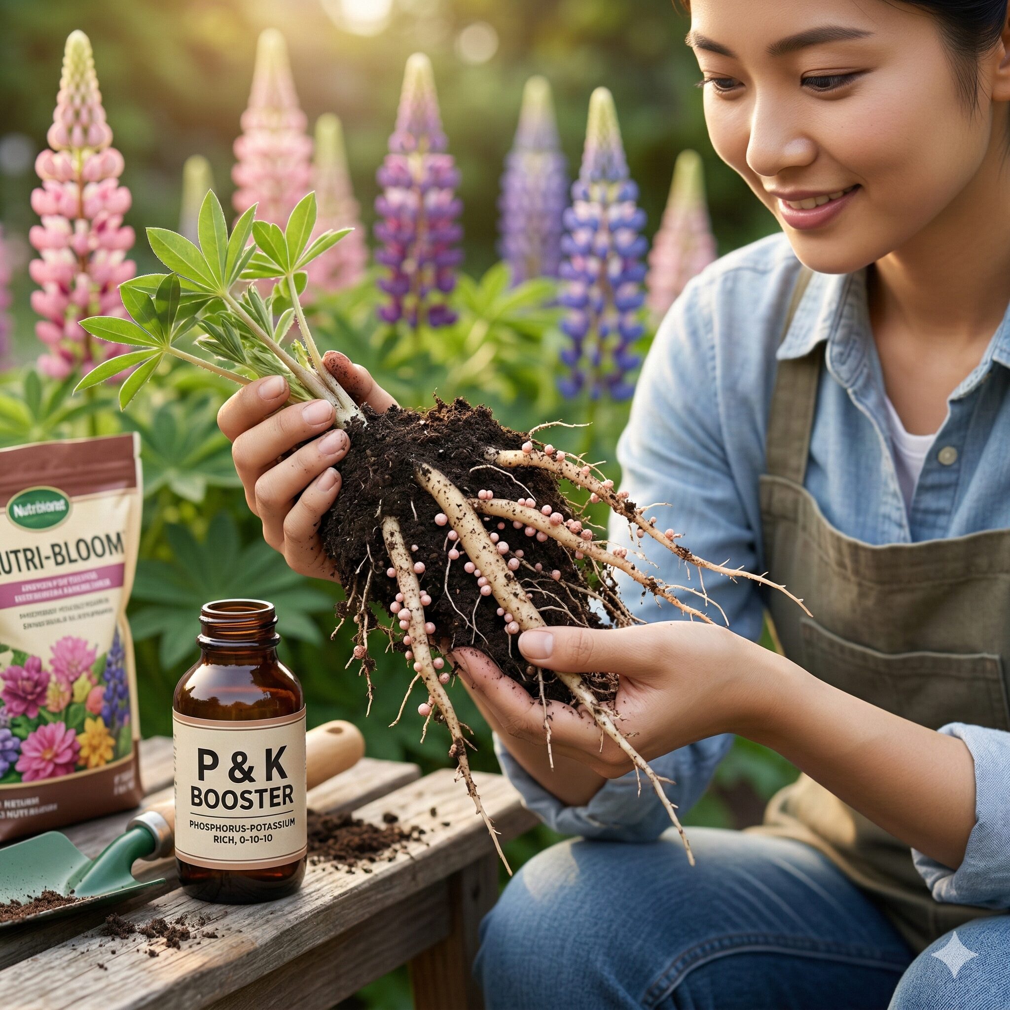 ルピナス開花時期7 ルピナスの根に共生する根粒菌と開花を促進するリン酸主体の肥料