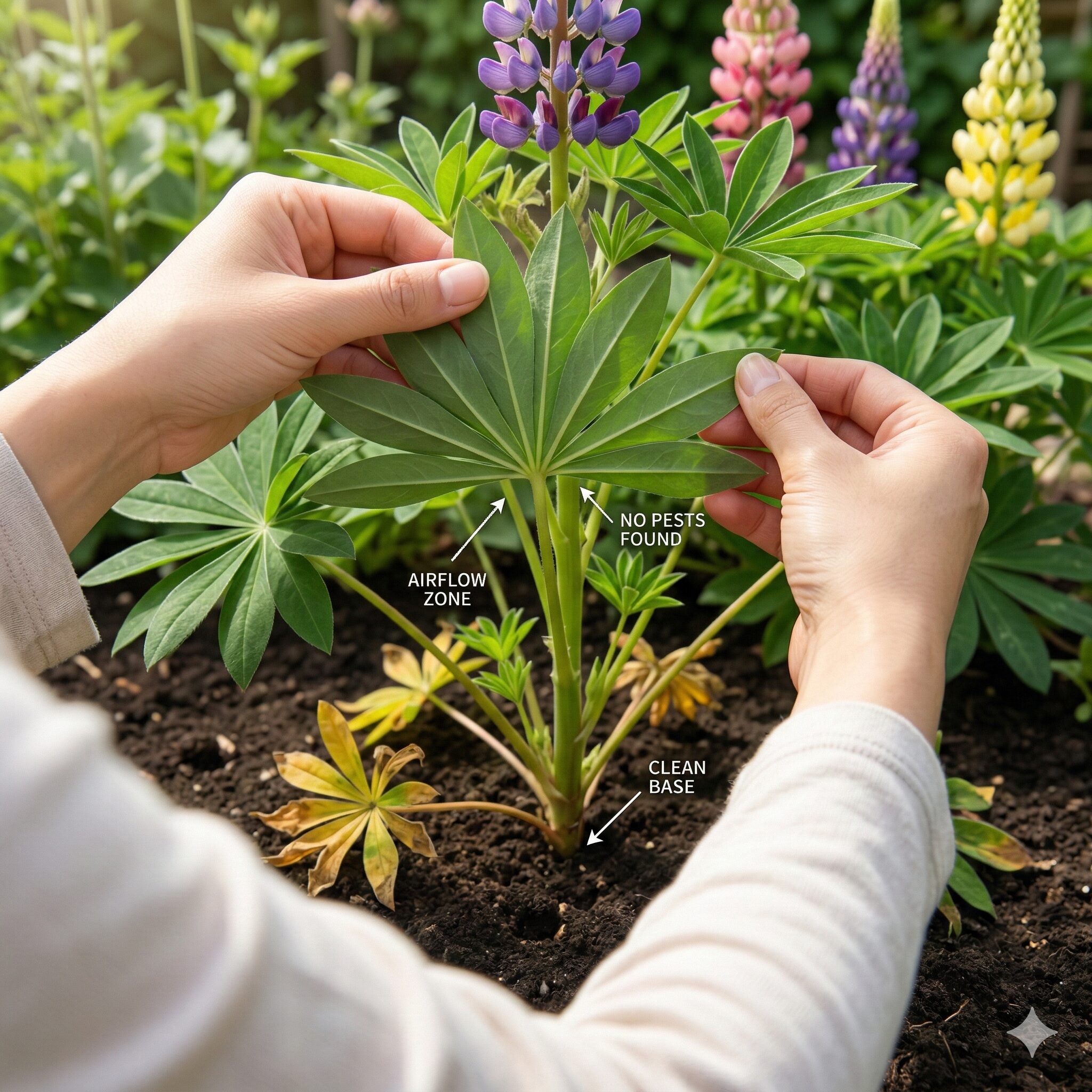 ルピナス開花時期9 害虫や病気を予防するために風通しを良くしたルピナスの株元管理