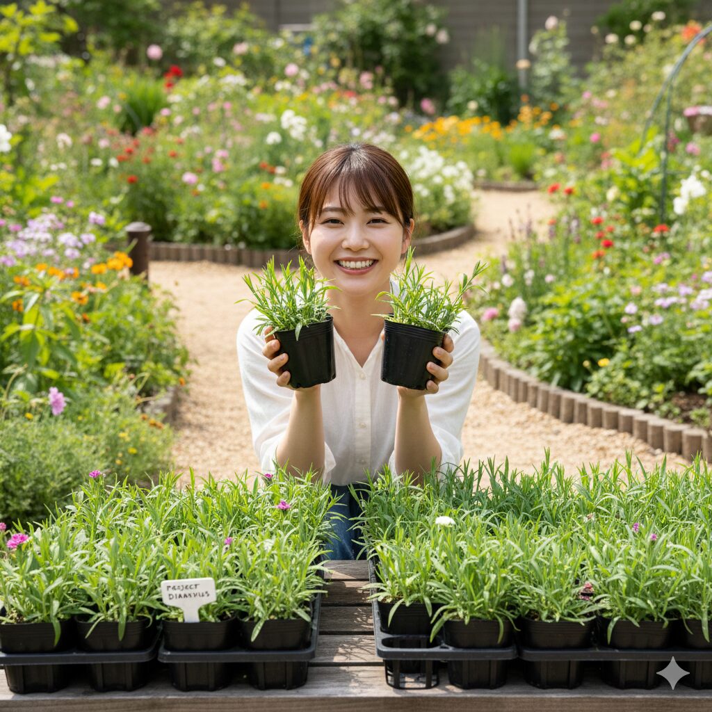 撫子 挿し木10 挿し木で増やした撫子の苗が元気に育つ様子。持続可能なガーデニングの楽しみ。