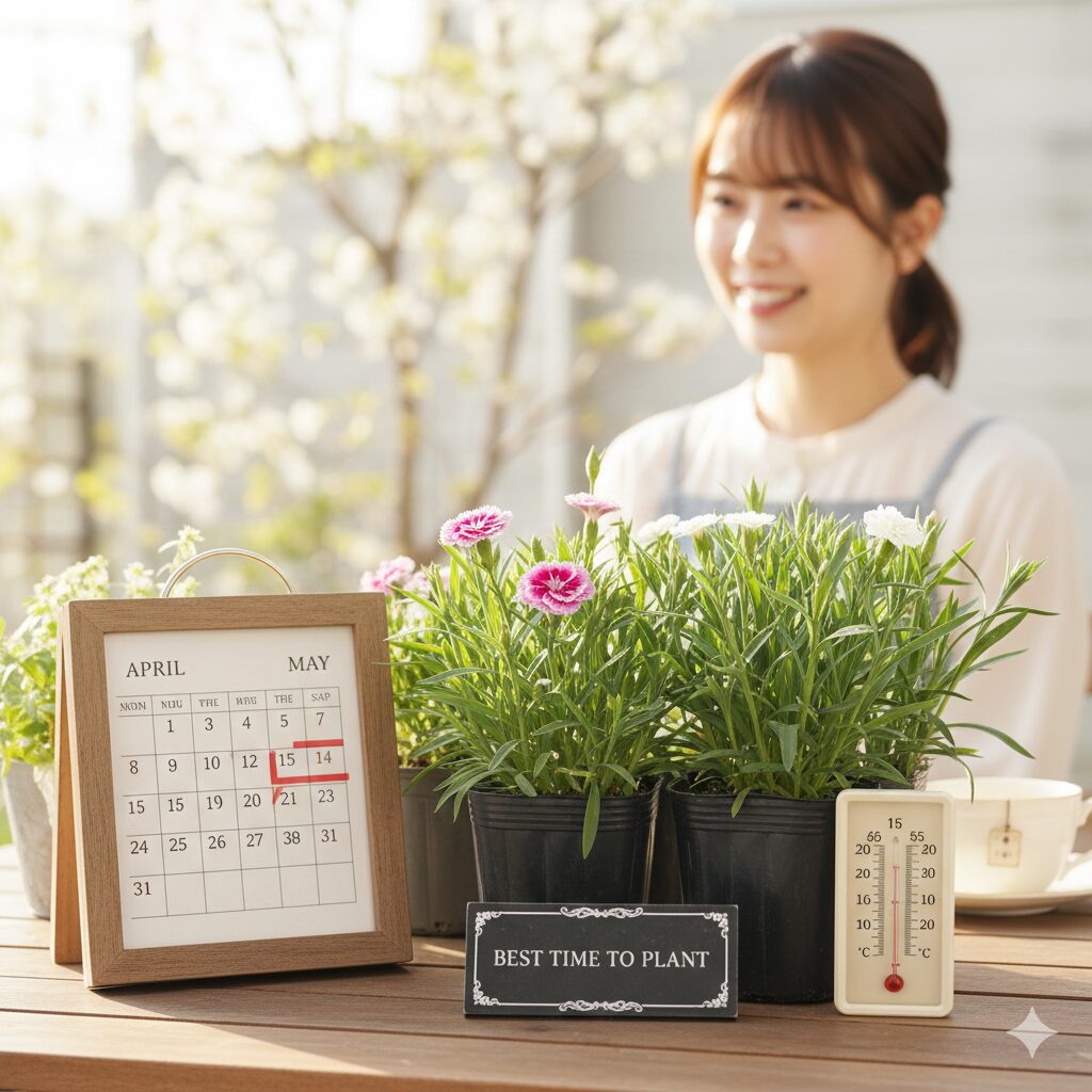 撫子 挿し木2 春の穏やかな気候の中で育つ撫子の苗。挿し木に最適な時期の環境イメージ。