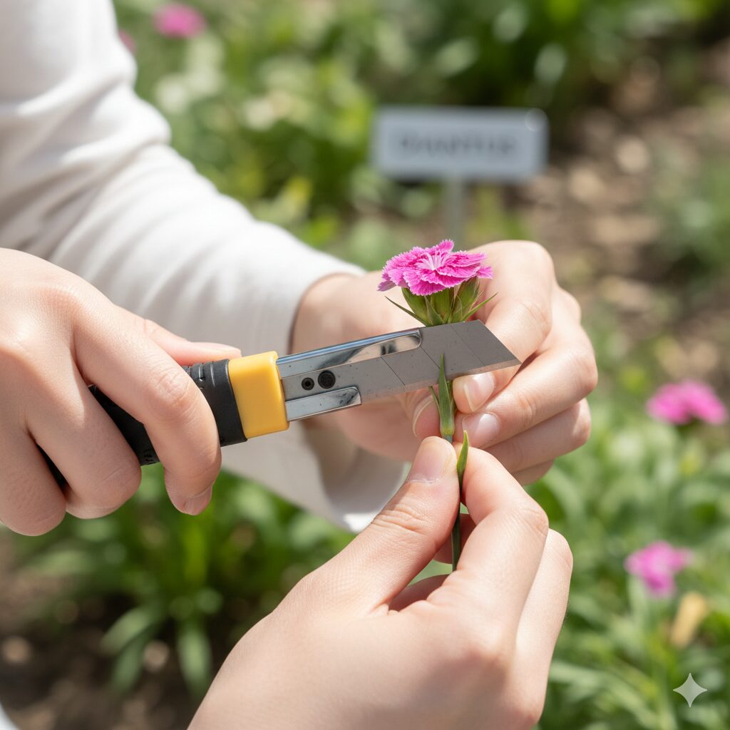 撫子 挿し木4 撫子の茎をカッターで斜めにカットする様子。切り口を潰さない挿し木の技術。
