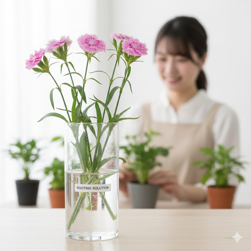 撫子 挿し木5 メネデール液で水揚げを行う撫子の挿し穂。細胞を活性化させる吸水作業。