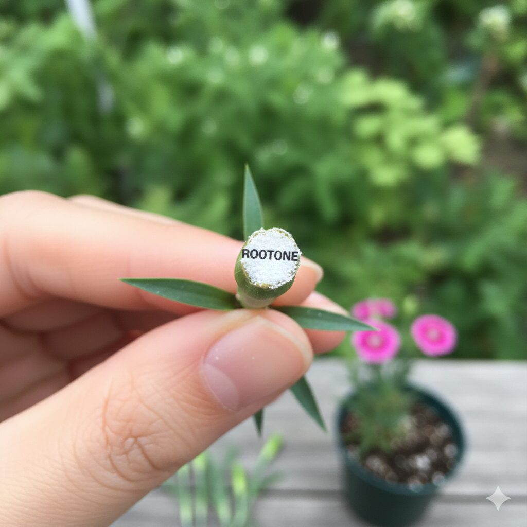 撫子 挿し木6 撫子の茎の切り口に薄く塗布された発根促進剤ルートンの適量イメージ。
