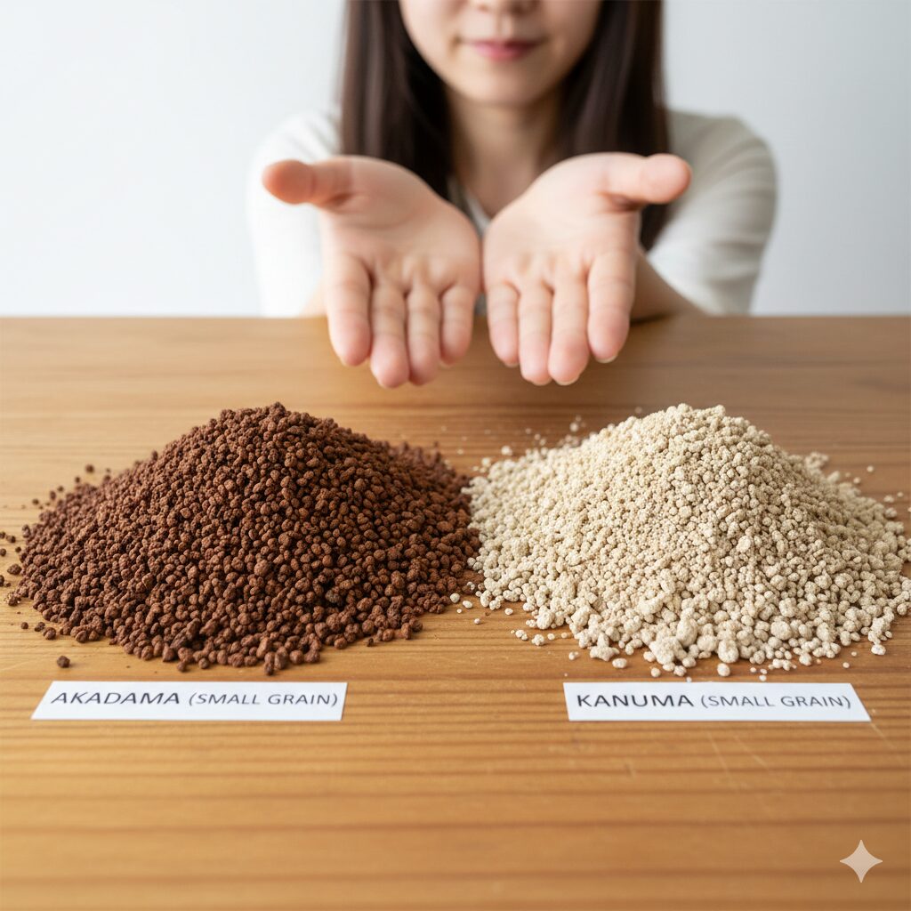 撫子 挿し木7 撫子の挿し木に推奨される清潔な赤玉土と鹿沼土の質感比較。