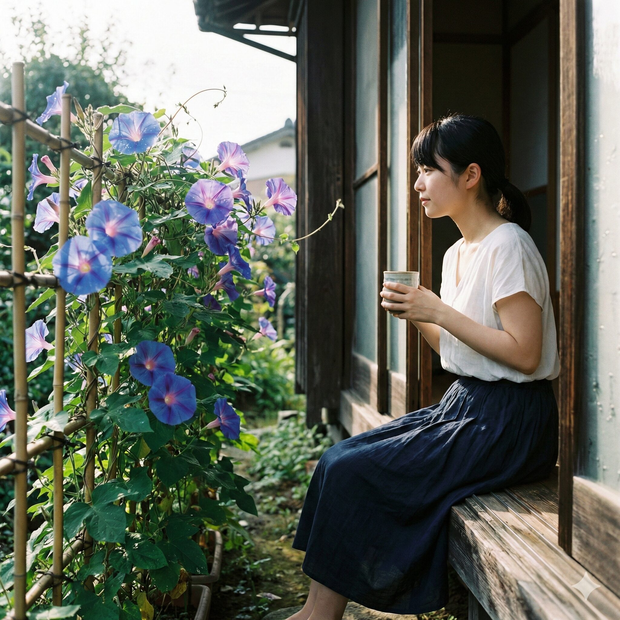 朝顔 何月1　夏の朝に縁側の竹垣で咲く青と紫の大輪の朝顔。日本の伝統的な夏の風景。