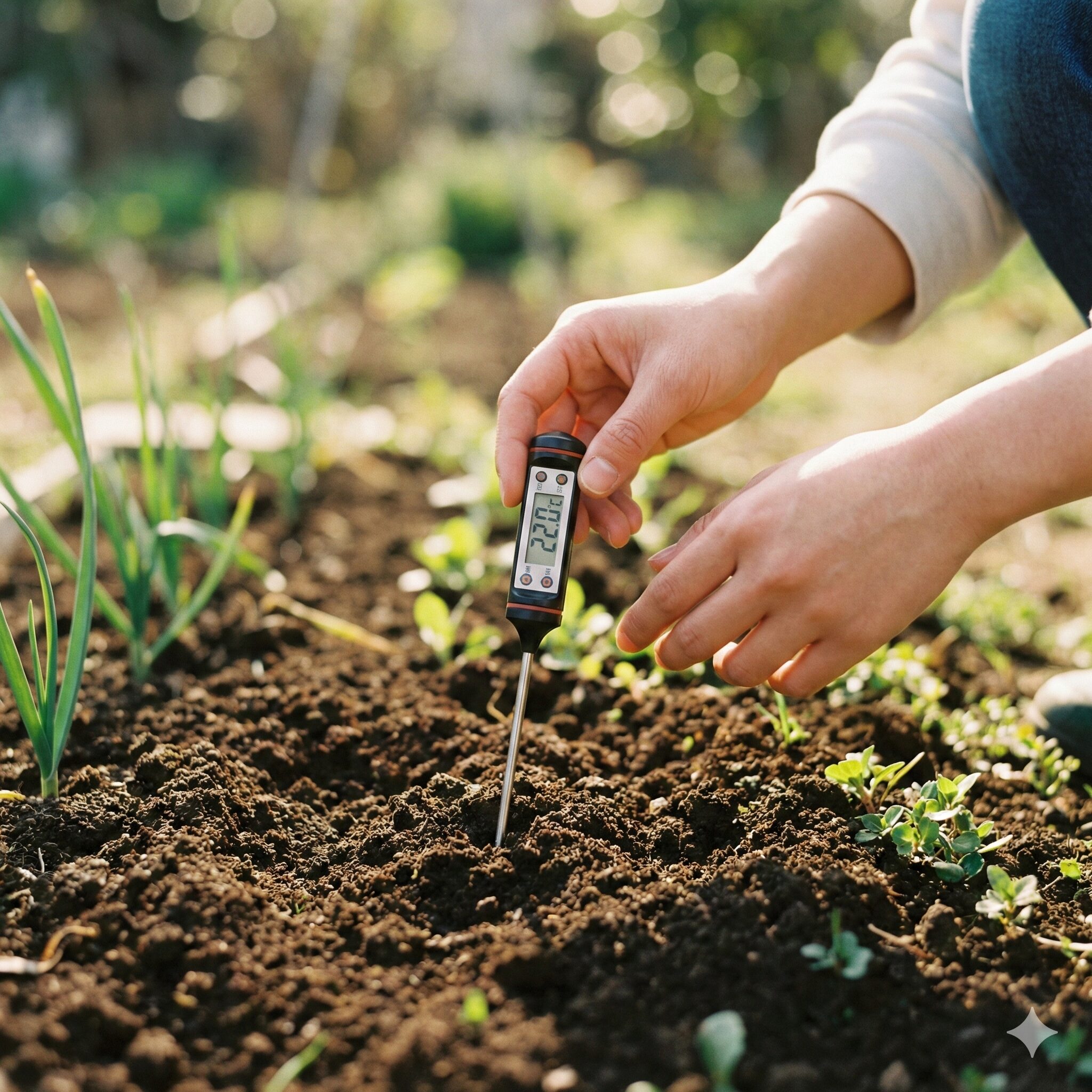 朝顔 何月2　朝顔の種まきに適した地温20度以上を示す土壌温度計のクローズアップ。