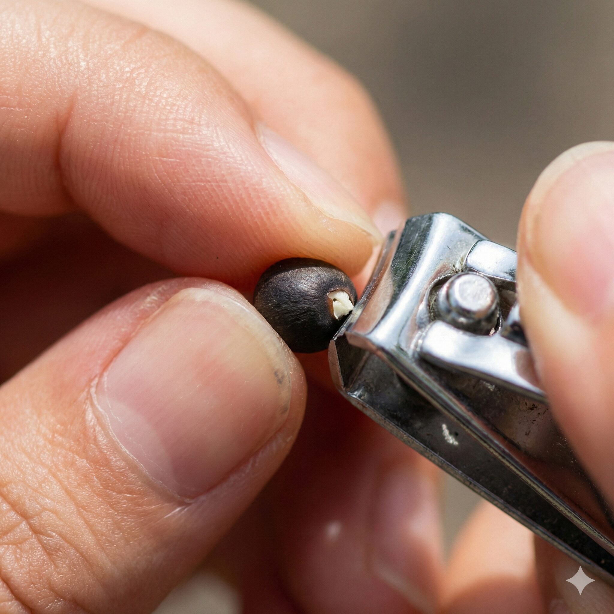 朝顔 何月3　朝顔の種の発芽率を上げるための芽切り作業。種の皮を削って吸水を助ける手順。
