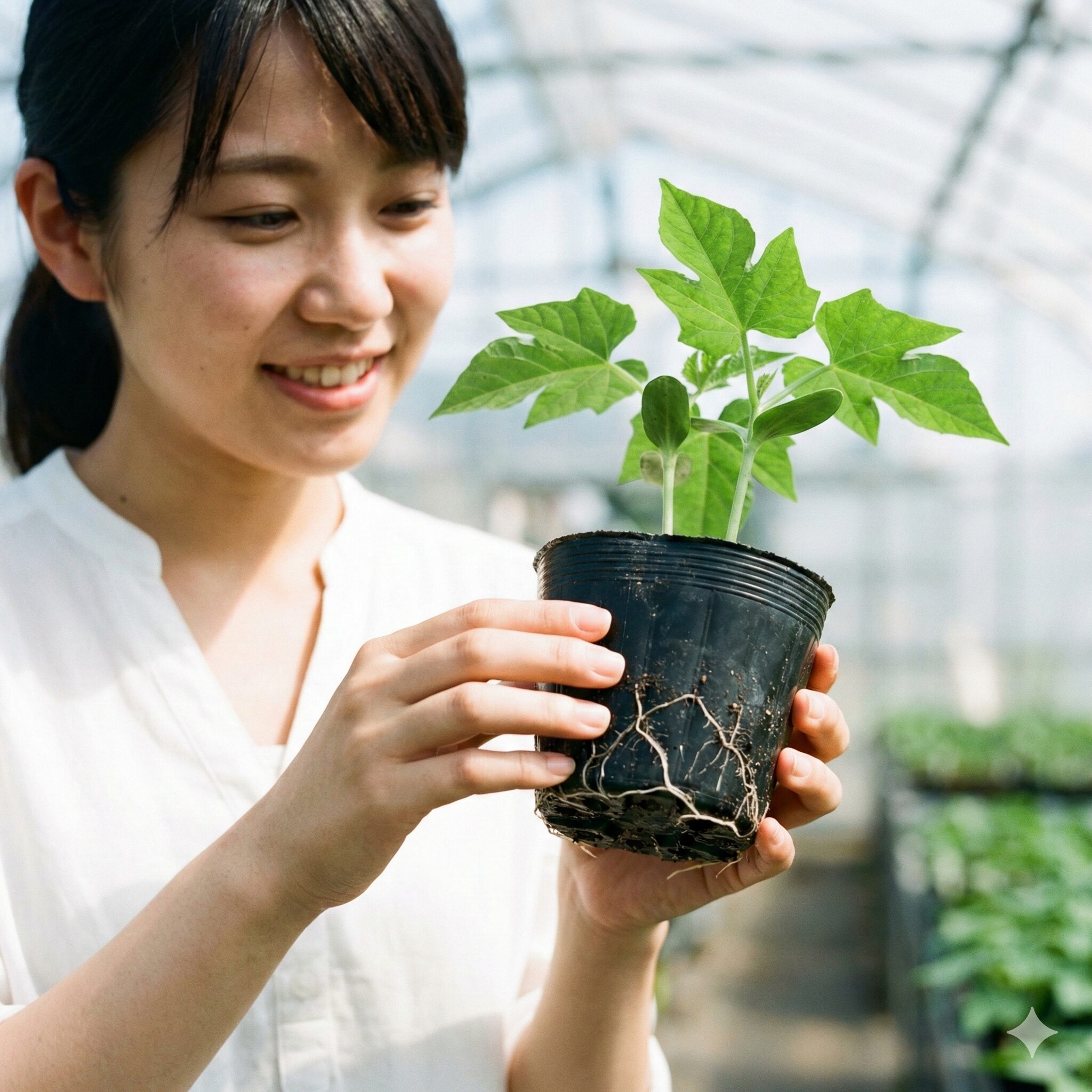 朝顔 何月4　本葉が4枚展開した植え替え（定植）に最適な時期の朝顔の苗。
