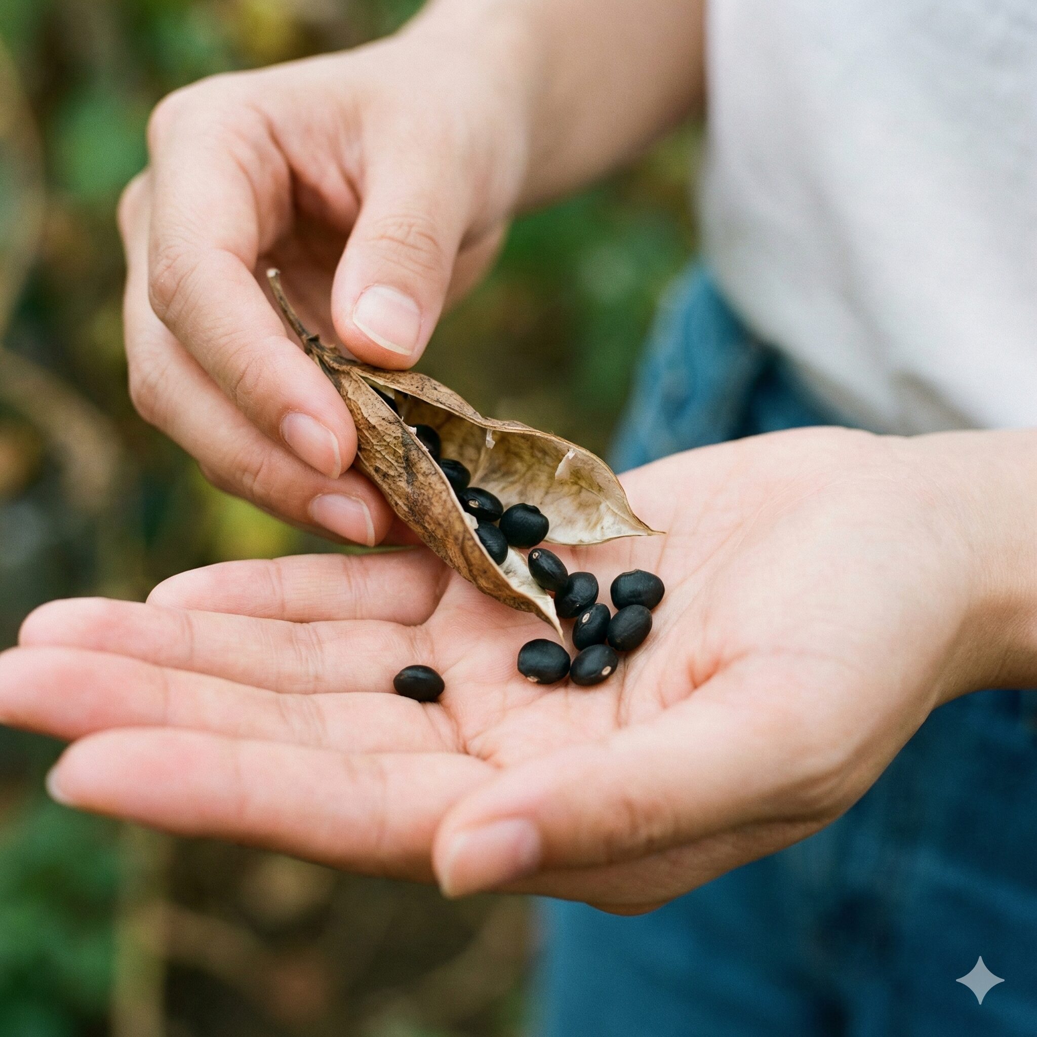 朝顔 何月9　茶色く乾いた実から収穫される朝顔の完熟した種。翌年用の種取りの様子。