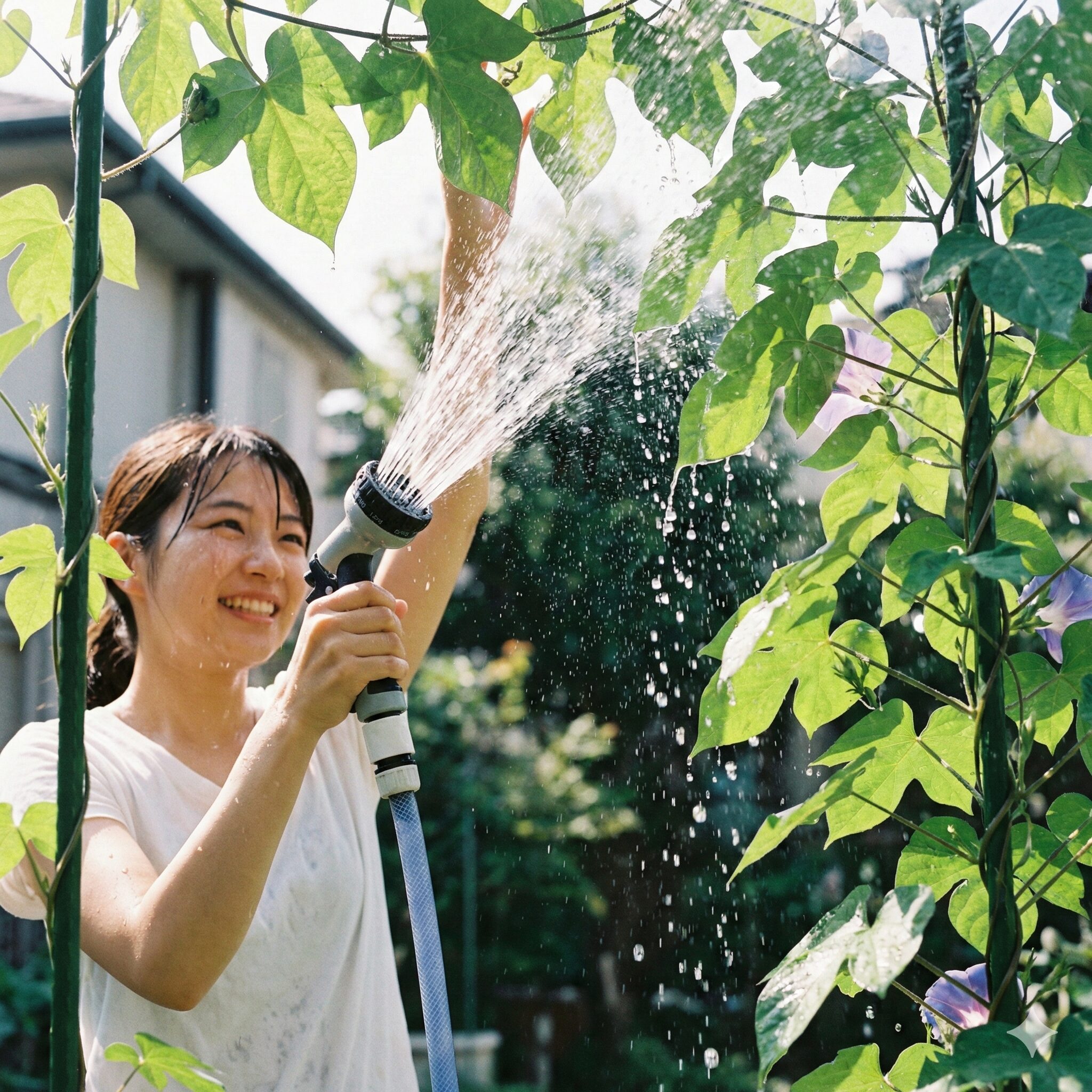 朝顔 白い虫10　ハダニ予防のためにホースのシャワーで朝顔の葉の裏に勢いよく水をかける葉水の様子