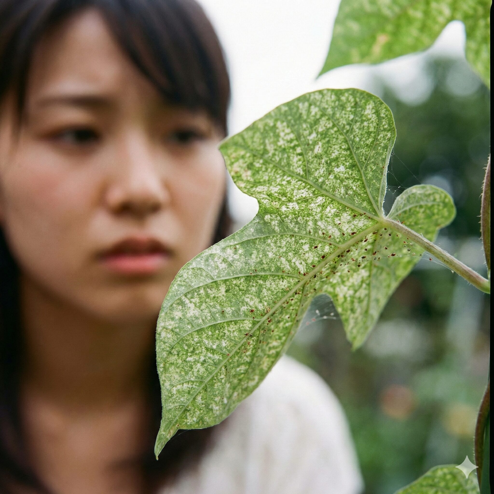 朝顔 白い虫2　ハダニの吸汁被害により表面が白くカスリ状に変色した朝顔の葉と葉裏の微細なハダニ