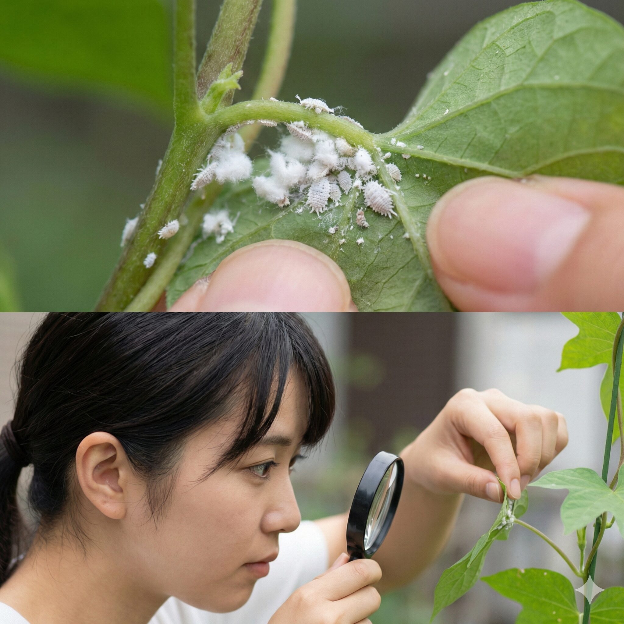 朝顔 白い虫3　朝顔の茎に密集して付着した白い綿状のコナカイガラムシの塊