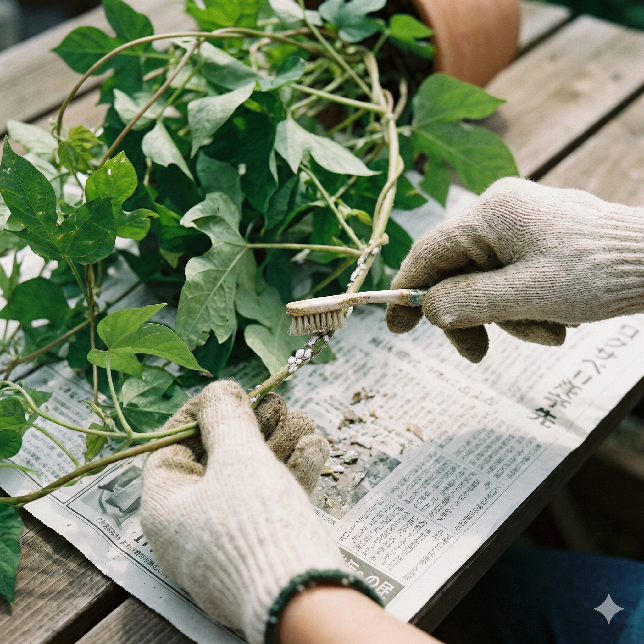 朝顔 白い虫4　歯ブラシを使って朝顔の茎からカイガラムシを物理的にこすり落とす駆除作業の様子