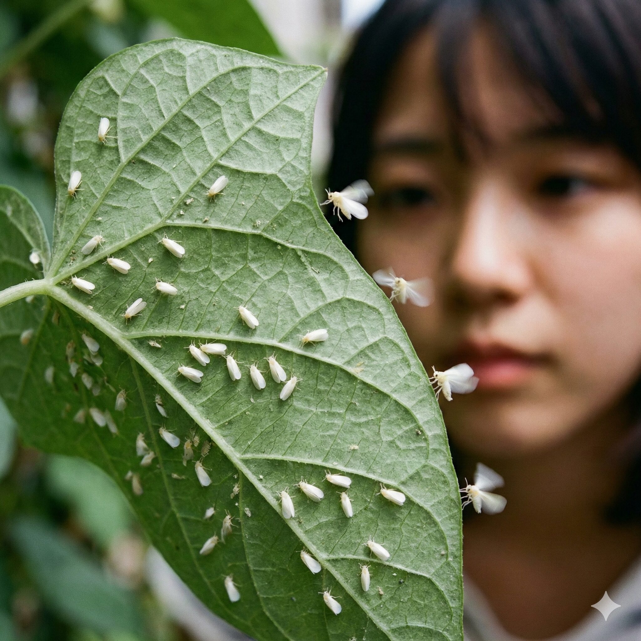 朝顔 白い虫5　朝顔の葉の裏に群生する白い小さなコナジラミの成虫