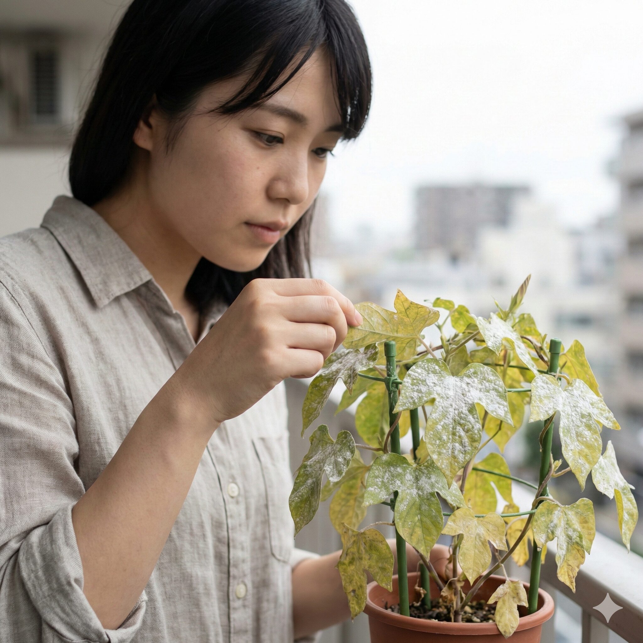 朝顔 白い虫7　朝顔の葉の表面に白い粉状のカビが広がったうどんこ病の症状